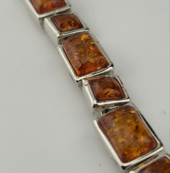 18KGP Amber Link Bracelet 7" Rectangular Gemstones Gold Plated Statement Jewelry - Picture 2 of 12